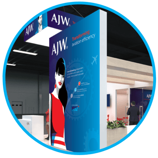 AJW MRO Europe 2025 event stand with blue posters